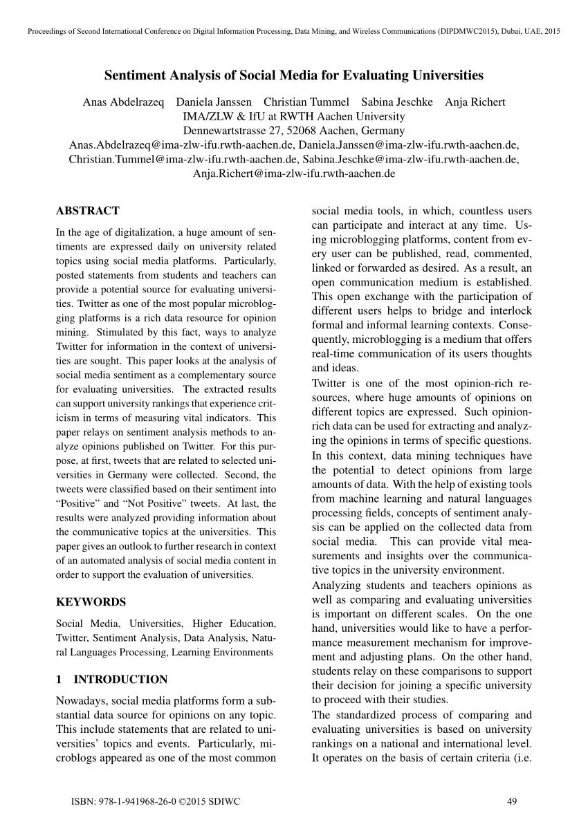 Pdf Sentiment Analysis Of Social Media For Evaluating Universities