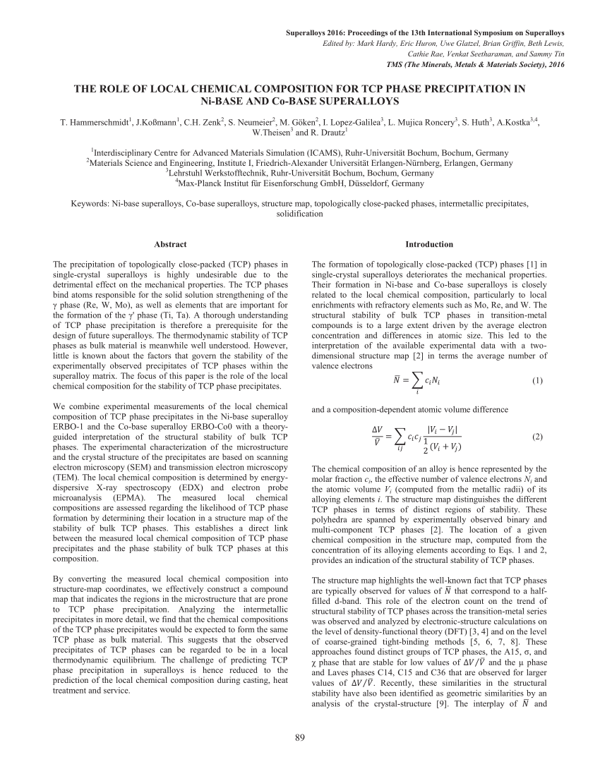 Pdf The Role Of Local Chemical Composition For Tcp Phase Precipitation In Ni Base And Co Base Superalloys Proceedings Of The 13th Intenational Symposium Of Superalloys
