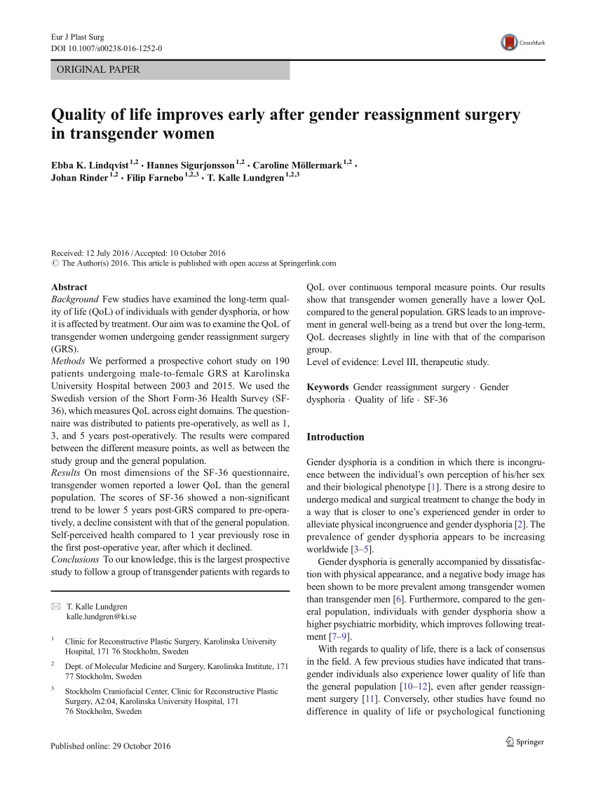 gender reassignment surgery and quality of life