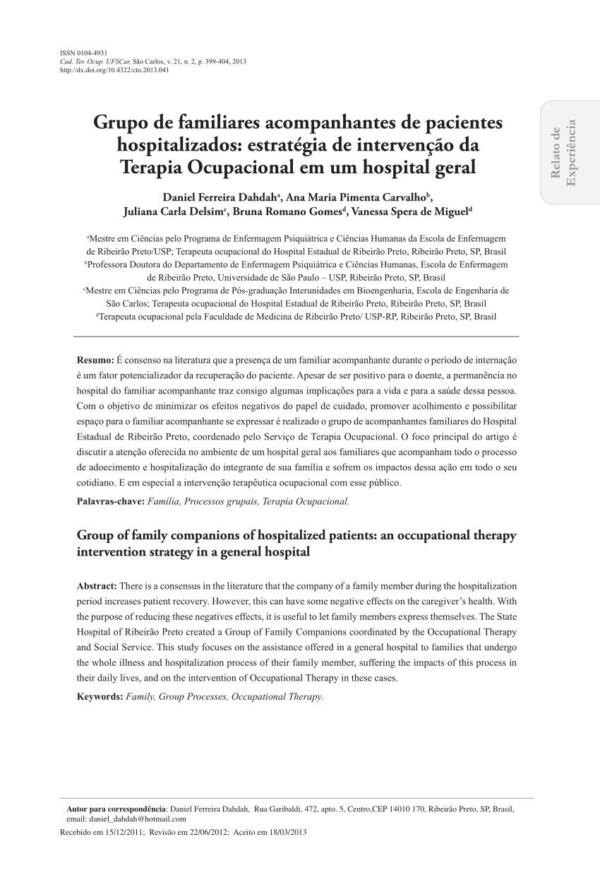 PDF) Grupo de familiares acompanhantes de pacientes hospitalizados:  estratégia de intervenção da Terapia Ocupacional em um hospital geral