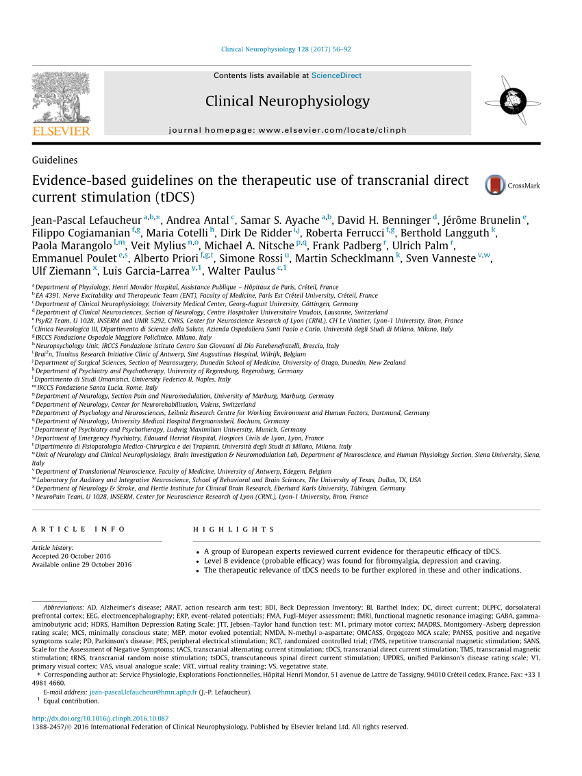 PDF) Evidence-based guidelines on the therapeutic use of transcranial  direct current stimulation (tDCS)