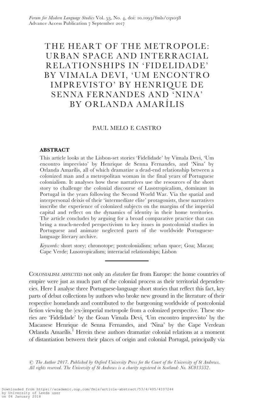 Pdf The Heart Of The Metropole Urban Space And Interracial Relationships In Fidelidade By Vimala Devi Um Encontro Imprevisto By Henrique De Senna Fernandes And Nina By Orlanda Amarilis