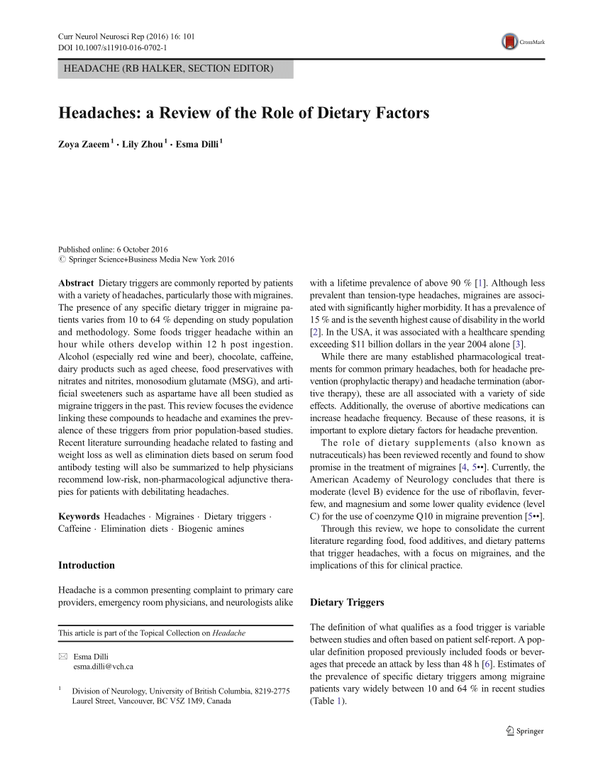Pdf Headaches A Review Of The Role Of Dietary Factors