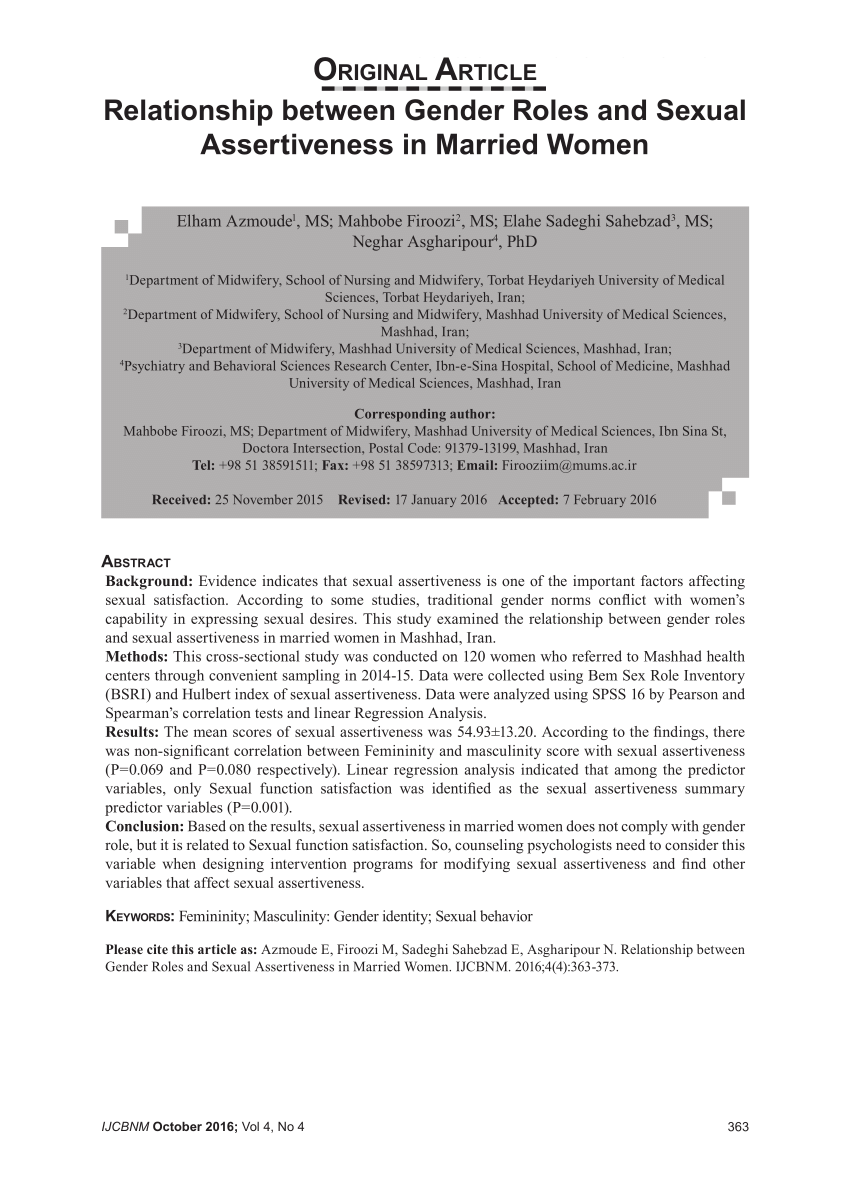 PDF) Relationship between Gender Roles and Sexual Assertiveness in Married  Women