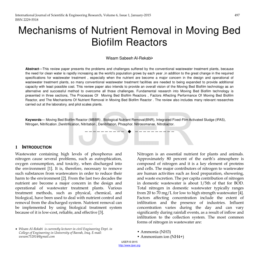 Pdf Mechanisms Of Nutrient Removal In Moving Bed Biofilm Reactors