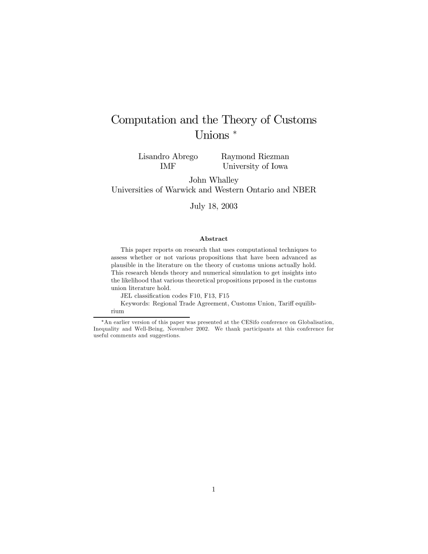 Pdf Computation And The Theory Of Customs Unions