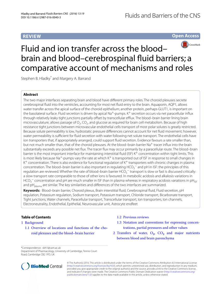 Pdf Fluid And Ion Transfer Across The Blood Brain And Blood Cerebrospinal Fluid Barriers A Comparative Account Of Mechanisms And Roles