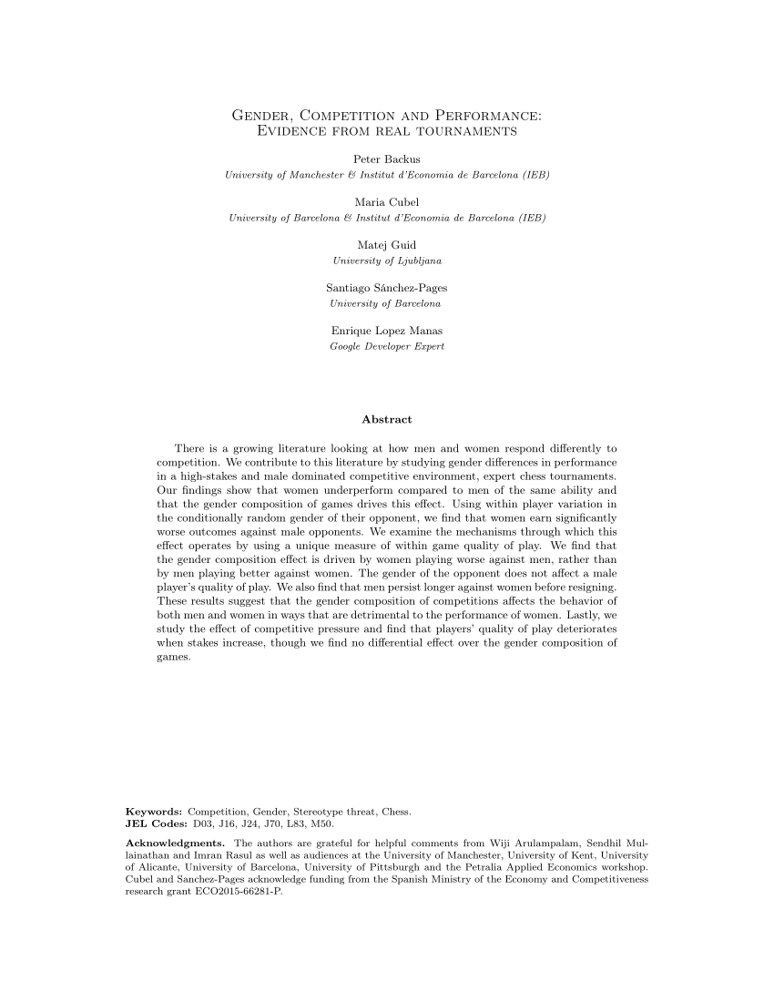 Gender, competition, and performance: Evidence from chess players - Backus  - 2023 - Quantitative Economics - Wiley Online Library