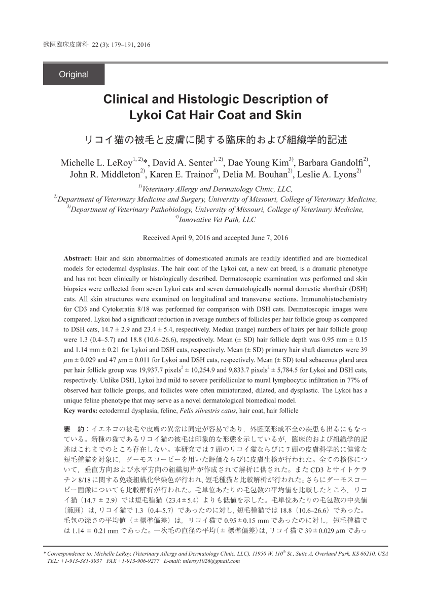 PDF) Clinical and Histologic Description of Lykoi Cat Hair Coat