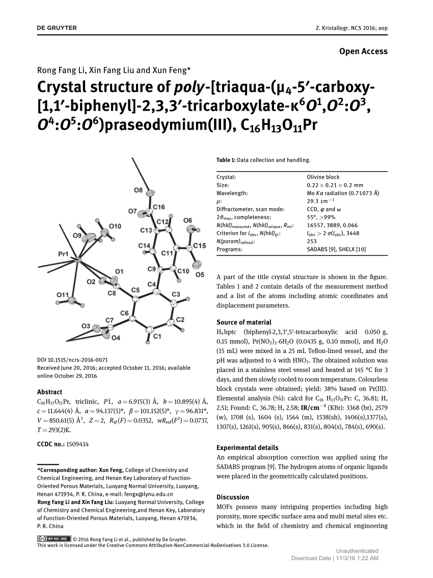 Pdf Crystal Structure Of Poly Triaqua M4 5 Carboxy 1 1 Biphenyl 2 3 3 Tricarboxylate K6o1 O2 O3 O4 O5 O6 Praseodymium Iii C16h13o11pr