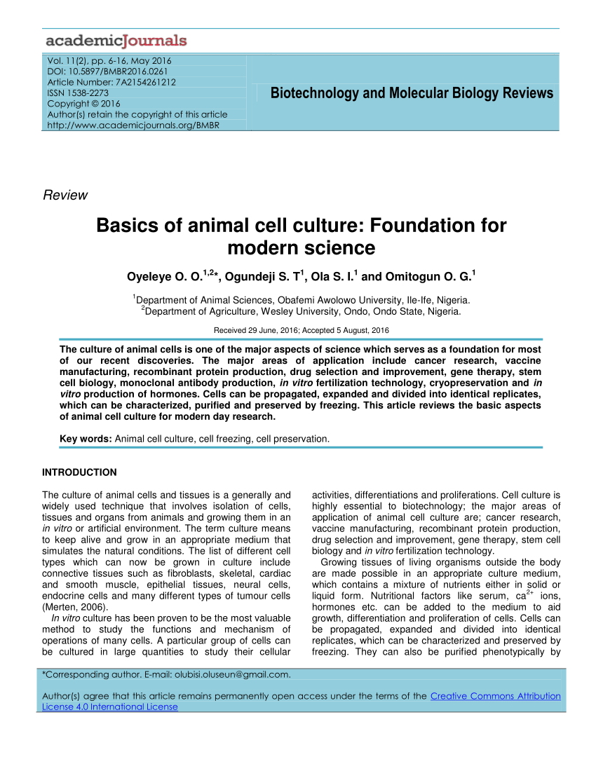 PDF) Basics of animal cell culture: Foundation for modern science