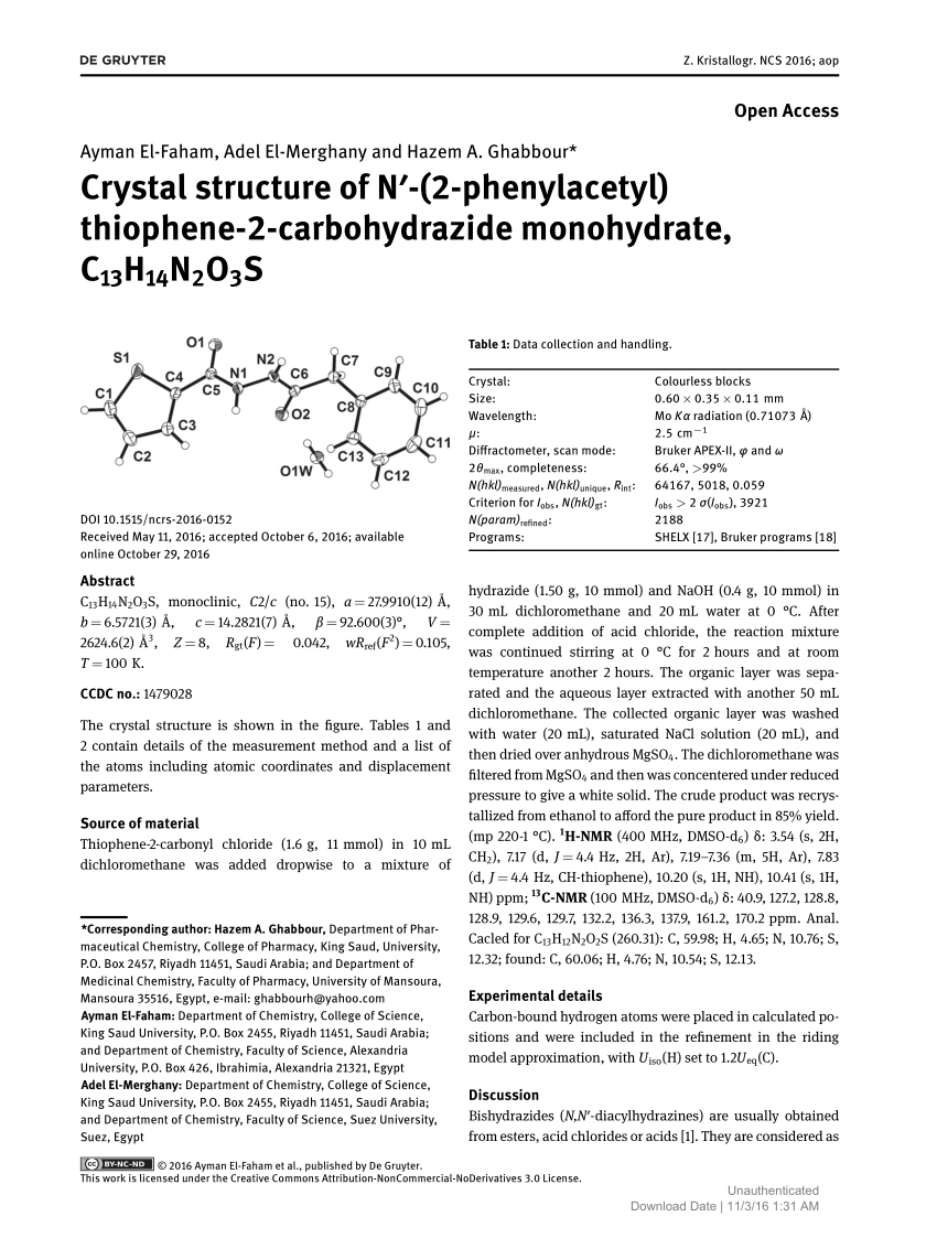Pdf Crystal Structure Of N 2 Phenylacetyl Thiophene 2 Carbohydrazide Monohydrate C13h14n2o3s