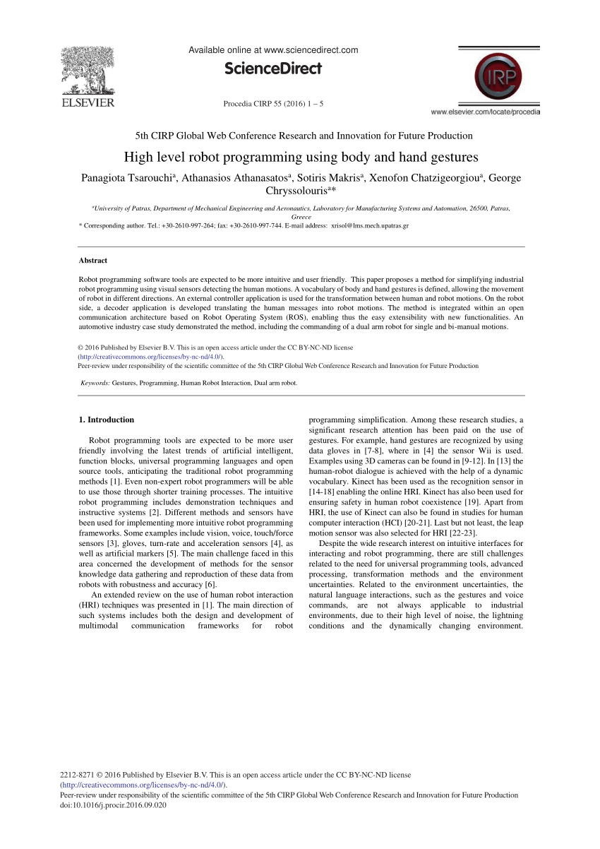 Pdf High Level Robot Programming Using Body And Hand Gestures