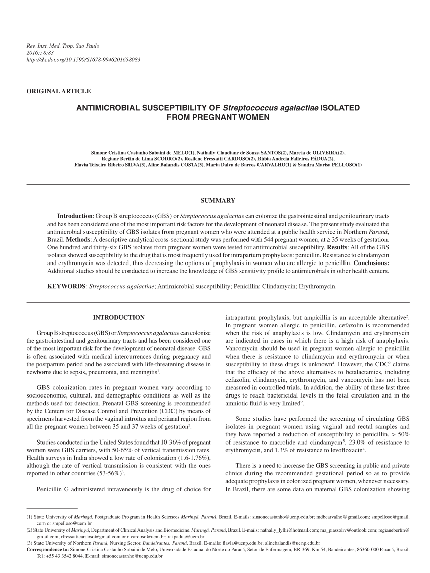 Pdf Antimicrobial Susceptibility Of Streptococcus Agalactiae Isolated From Pregnant Women