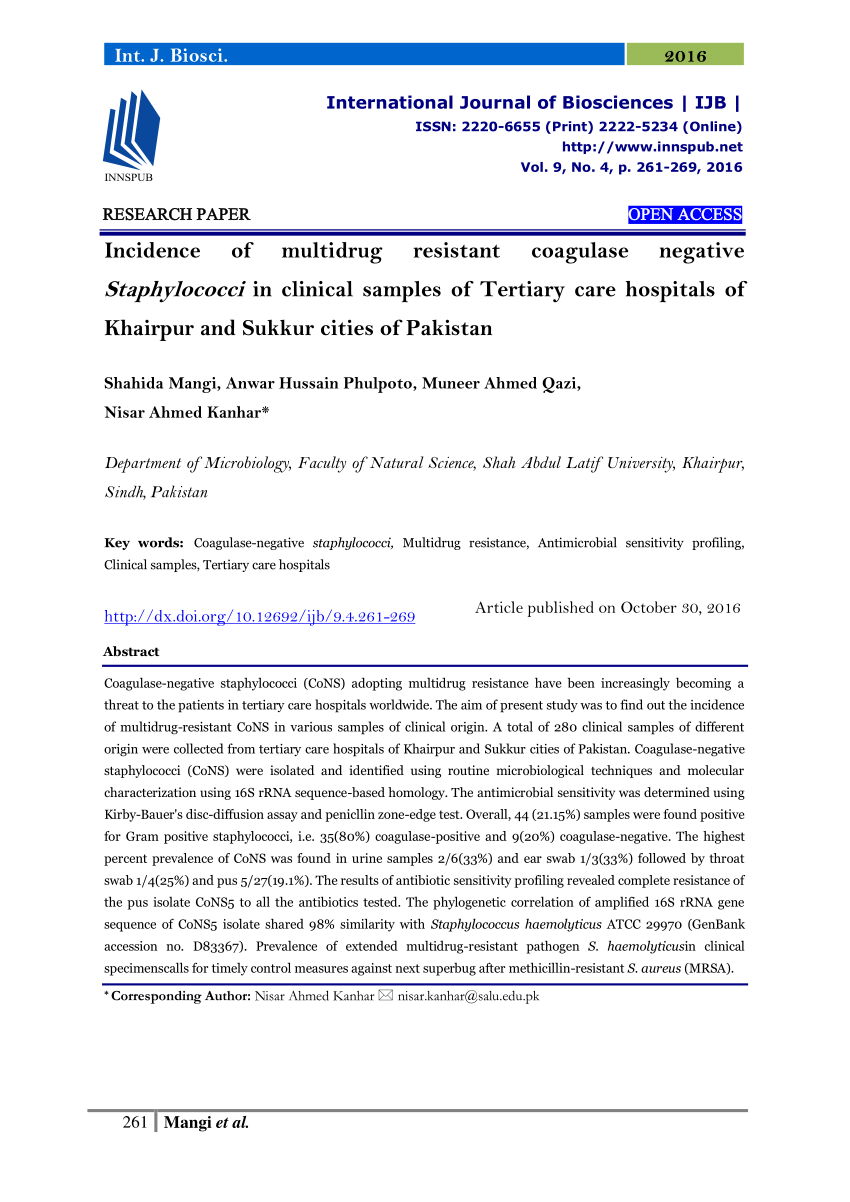 Pdf Incidence Of Multidrug Resistant Coagulase Negative Staphylococci In Clinical Samples Of Tertiary Care Hospitals Of Khairpur And Sukkur Cities Of Pakistan