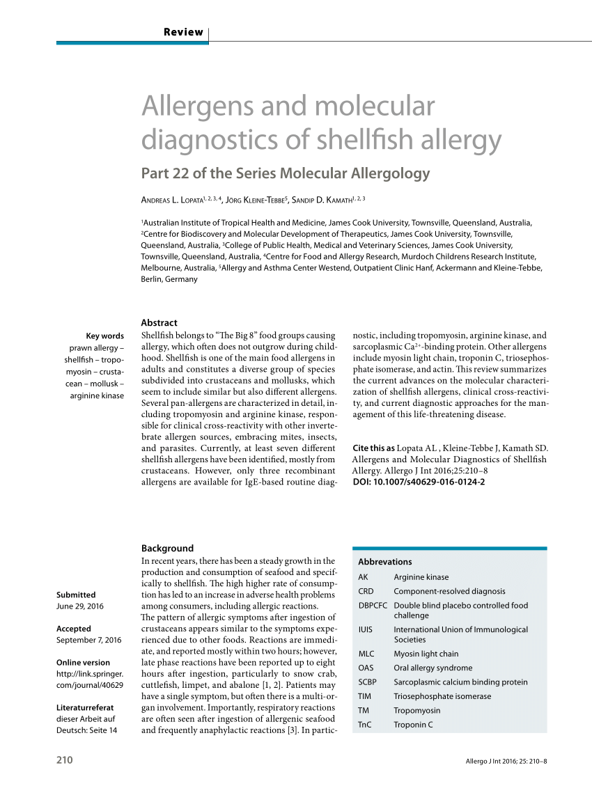 PDF) Allergens and molecular shellfish allergy: Part 22 of Series Molecular Allergology
