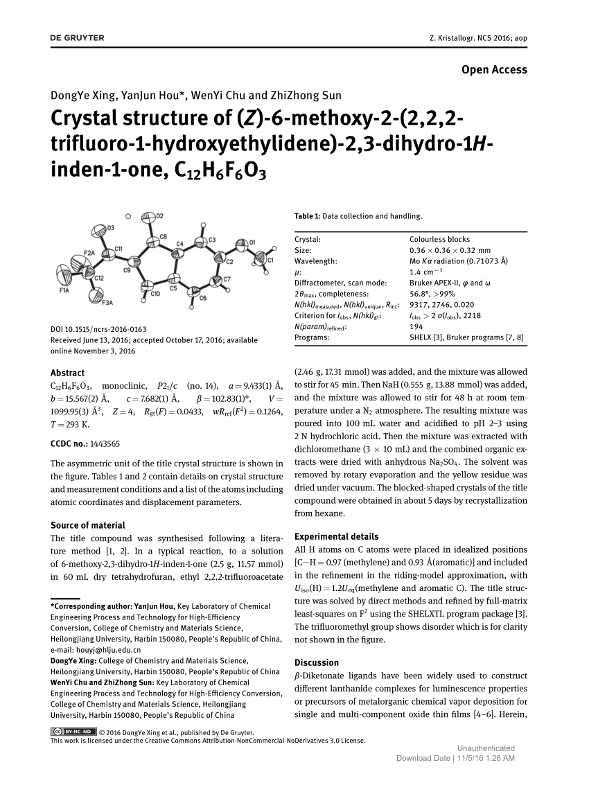 Pdf Crystal Structure Of Z 6 Methoxy 2 2 2 2 Trifluoro 1 Hydroxyethylidene 2 3 Dihydro 1h Inden 1 One C12h6f6o3