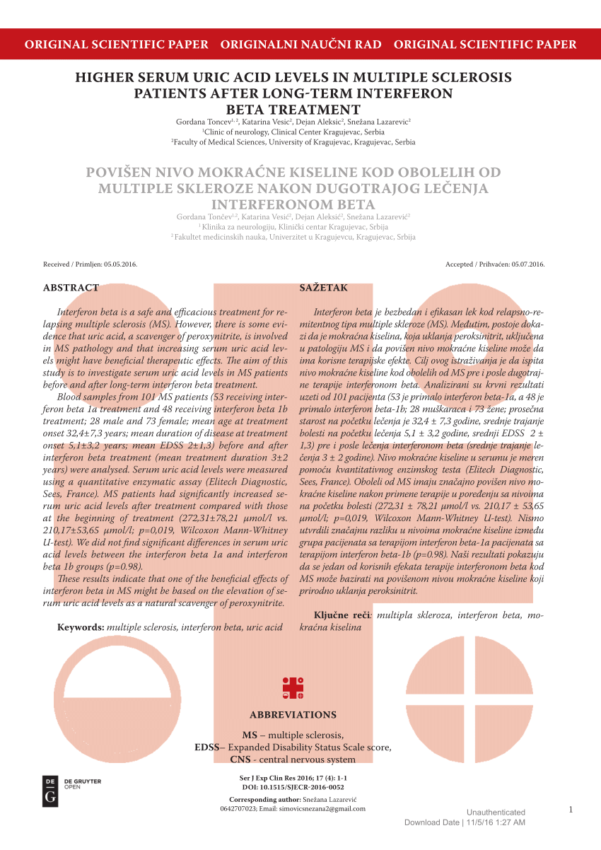 Pdf Higher Serum Uric Acid Levels In Multiple Sclerosis Patients After Longterm Interferon Beta Treatment