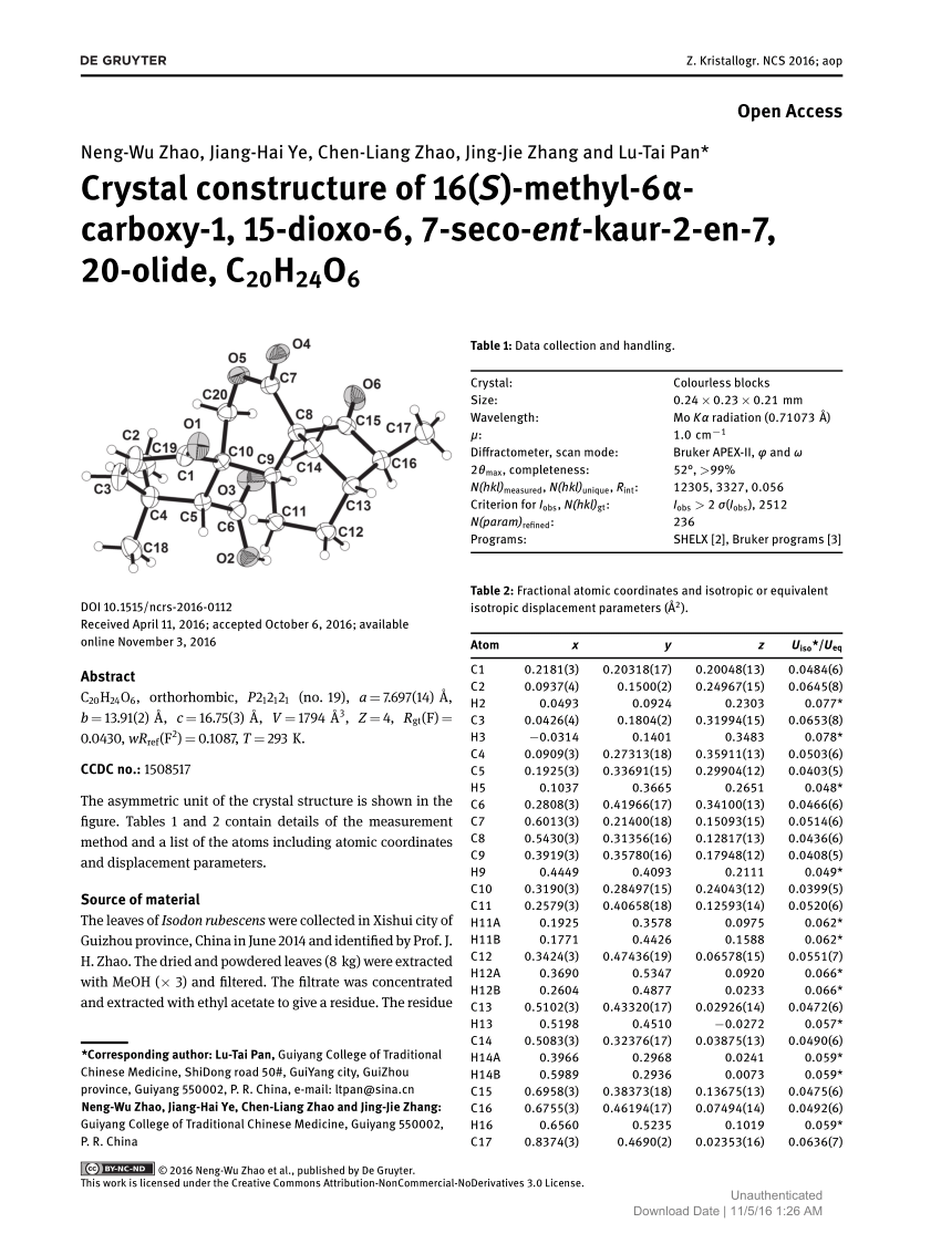 Pdf Crystal Constructure Of 16 S Methyl 6a Carboxy 1 15 Dioxo 6 7 Seco Ent Kaur 2 En 7 Olide Ch24o6