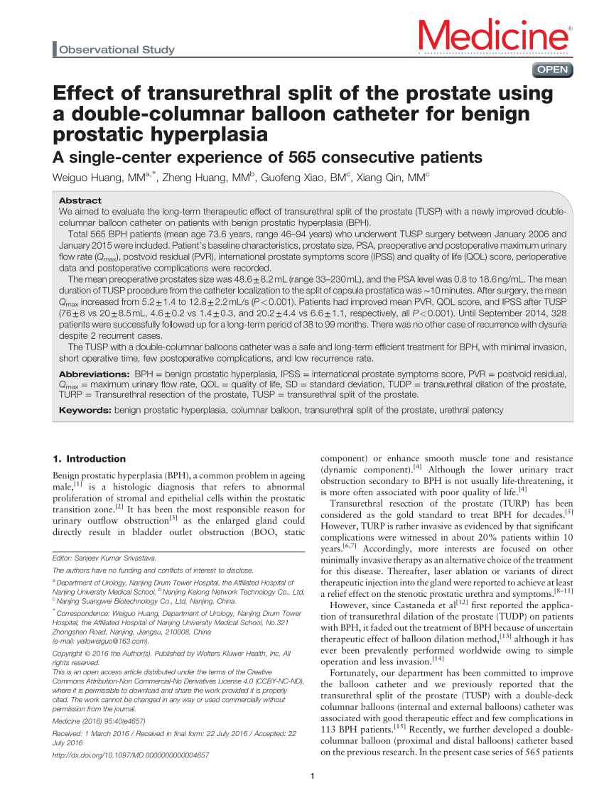 PDF) Effect of transurethral split of the prostate using a double-columnar  balloon catheter for benign prostatic hyperplasia