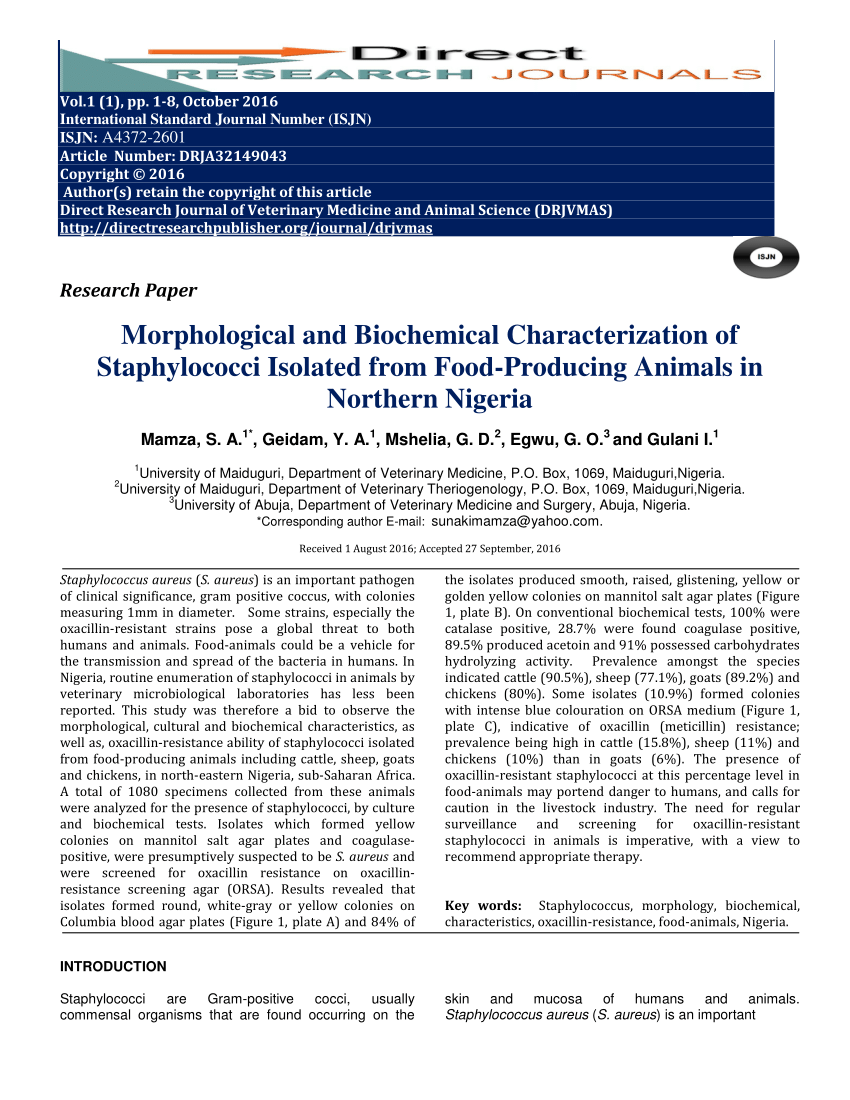 PDF) Morphological and Biochemical Characterization of Staphylococci  Isolated from Food-Producing Animals in Northern Nigeria