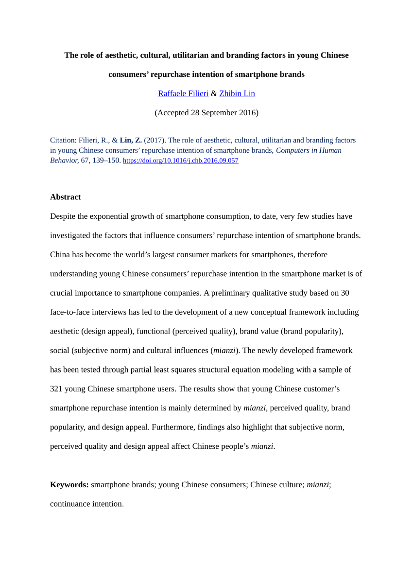 Pdf The Role Of Aesthetic Cultural Utilitarian And Branding Factors In Young Chinese Consumers Repurchase Intention Of Smartphone Brands