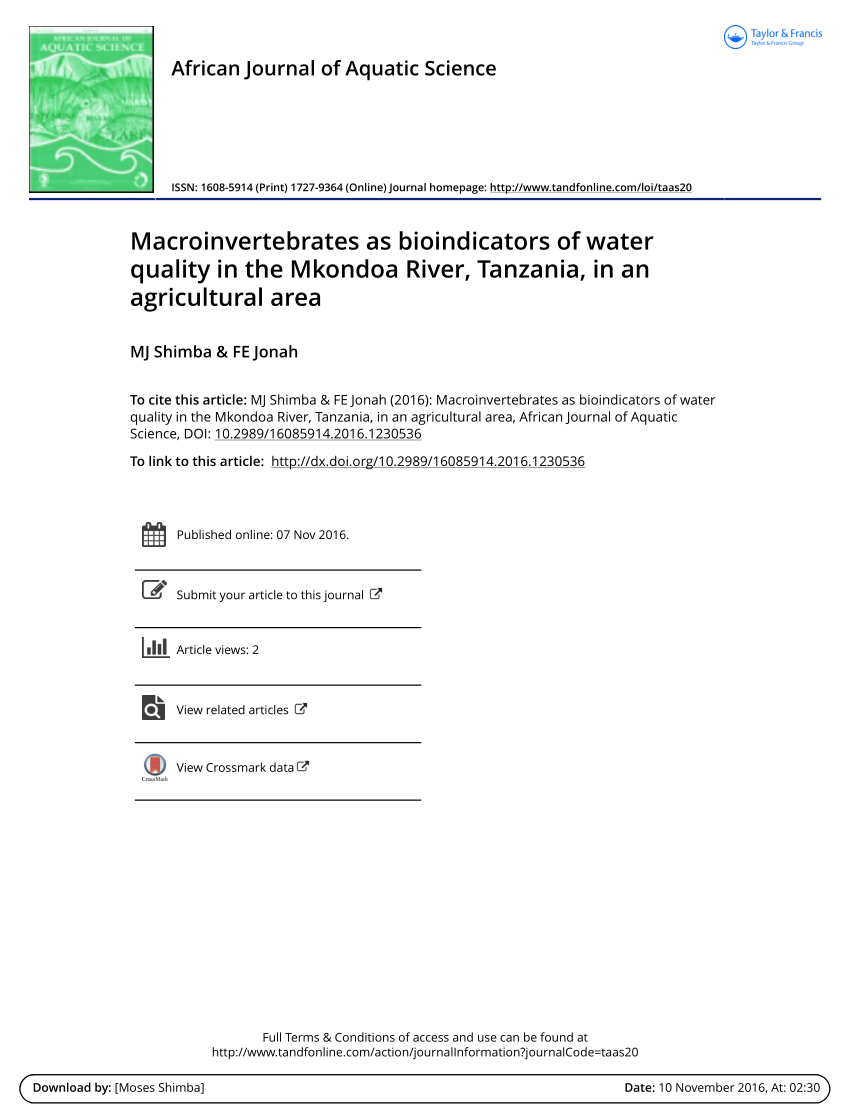 PDF) Macroinvertebrates as bioindicators of water quality in the Mkondoa  River, Tanzania, in an agricultural area