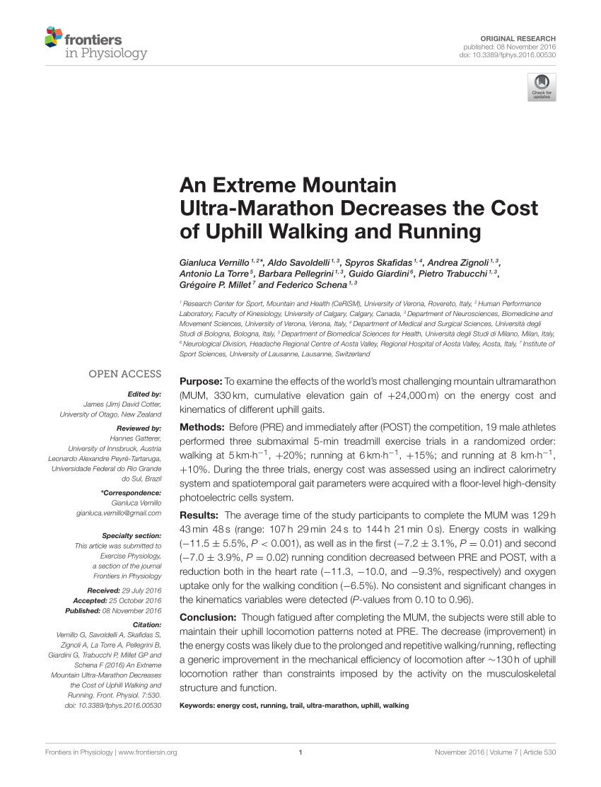 Pdf An Extreme Mountain Ultra Marathon Decreases The Cost Of Uphill Walking And Running