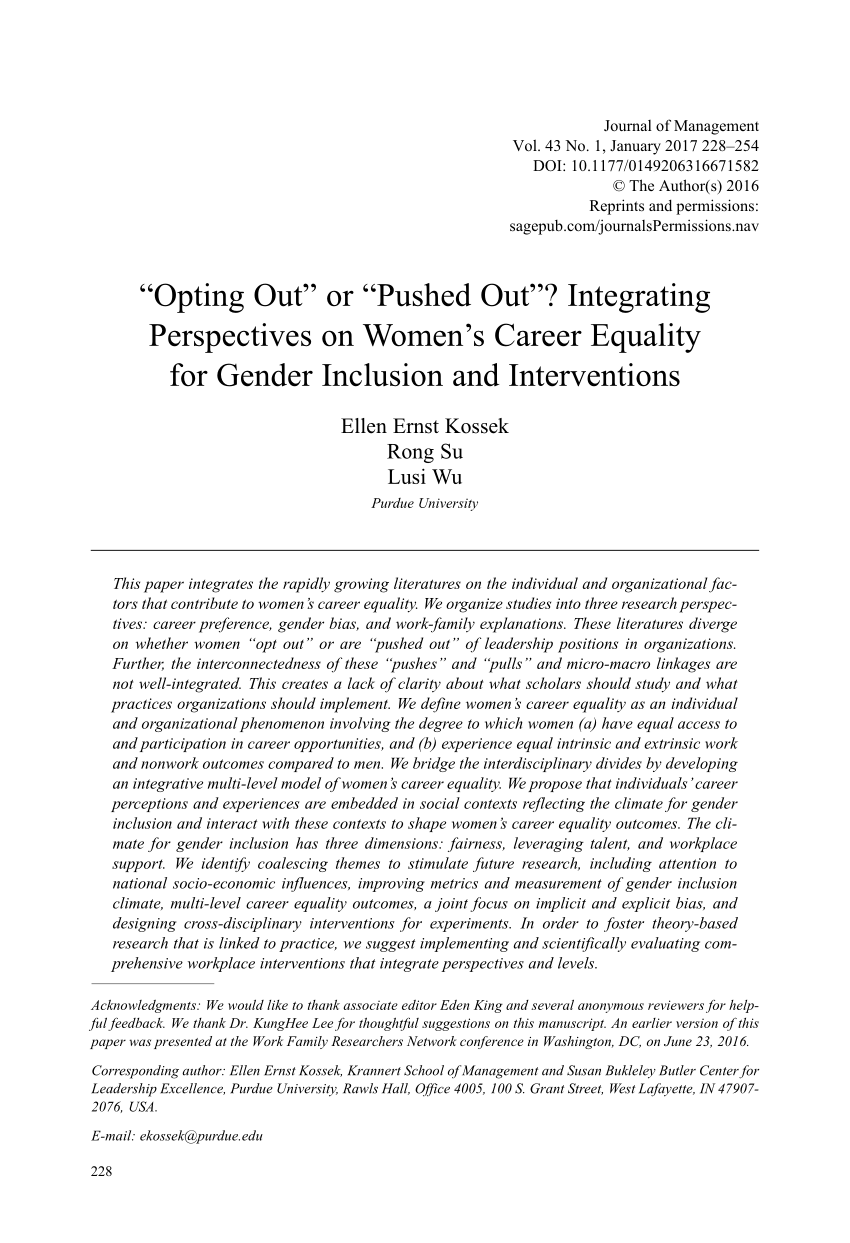 PDF) “Opting Out” “Pushed Out”? Integrating Perspectives on Women's Career Equality Gender Inclusion and