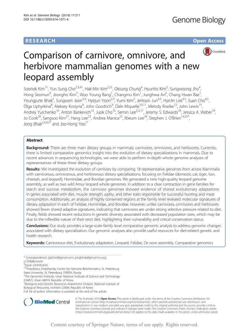 PDF) Comparison of carnivore, omnivore, and herbivore mammalian genomes  with a new leopard assembly