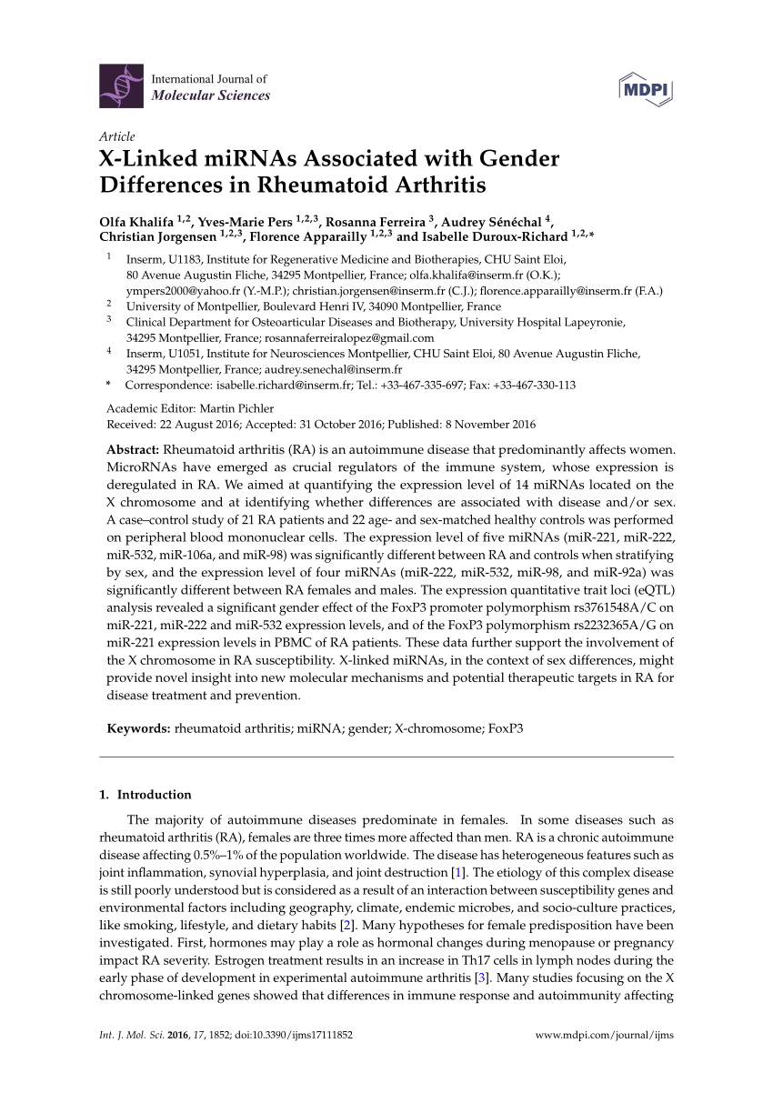 Pdf X Linked Mirnas Associated With Gender Differences In Rheumatoid Arthritis 7636