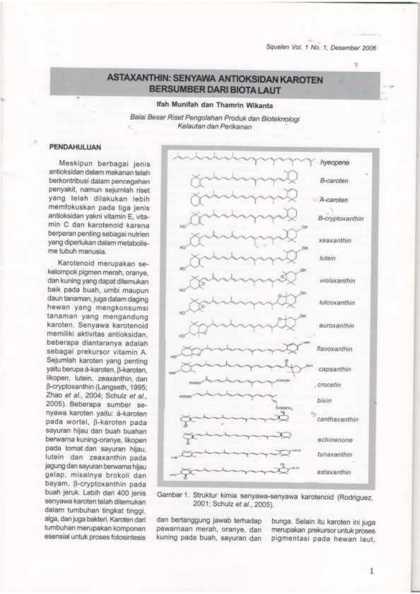 Pdf Astaxanthin Senyawa Antioksidan Karoten Bersumber Dari Biota Laut