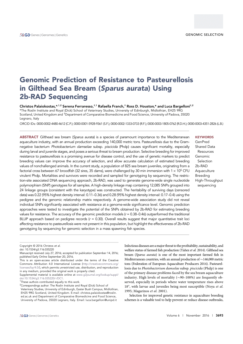 Pdf Genomic Prediction Of Resistance To Pasteurellosis In Gilthead