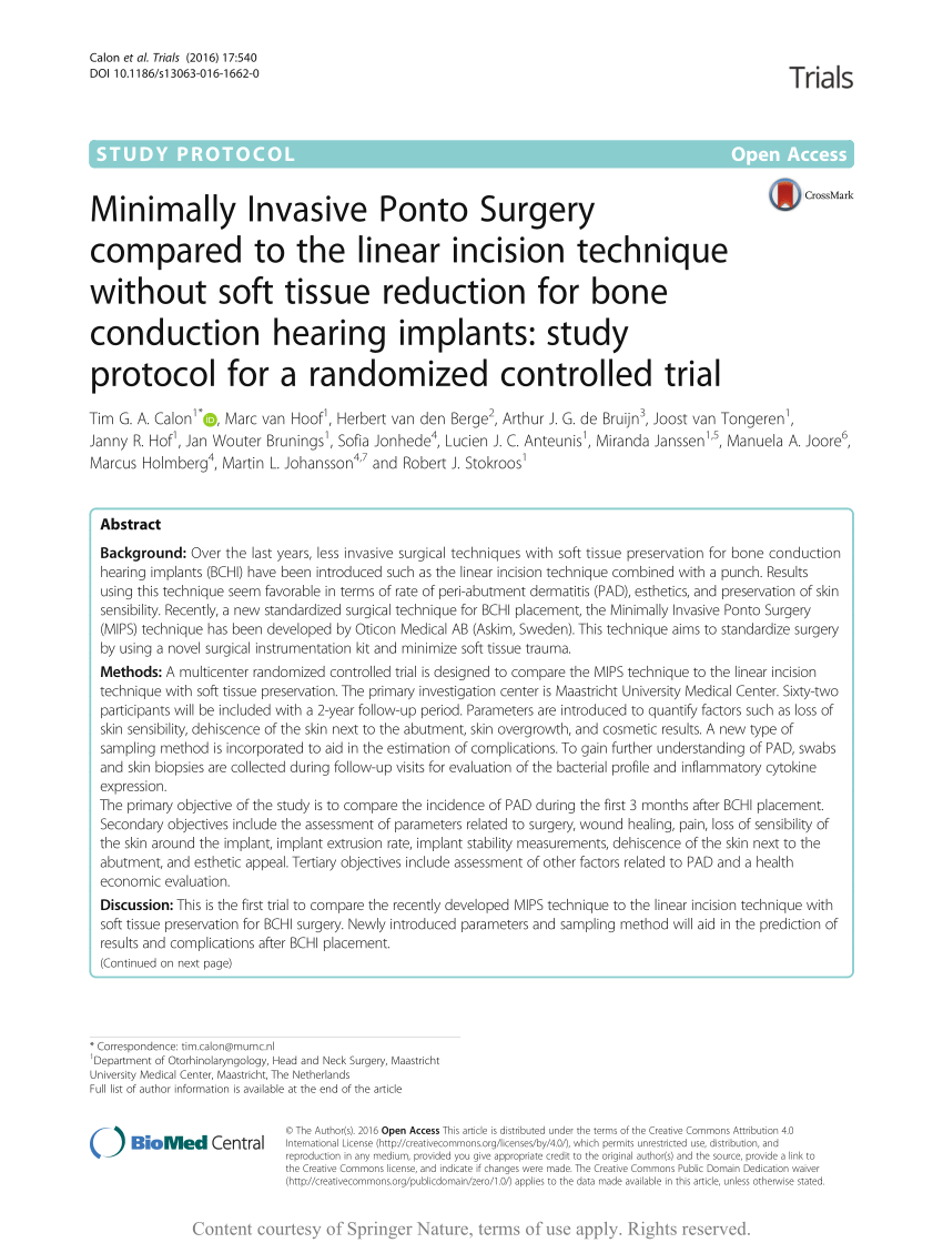 PDF) Minimally Invasive Ponto Surgery compared to the linear incision  technique without soft tissue reduction for bone conduction hearing implants:  Study protocol for a randomized controlled trial