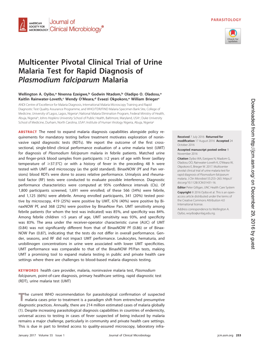 Pdf A Multicenter Pivotal Clinical Trial Of A Urine Malaria Test