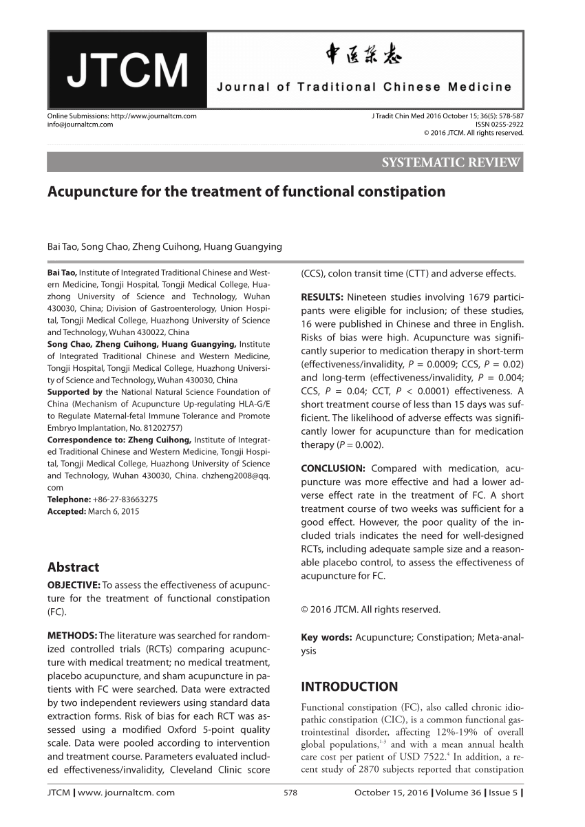 (PDF) Acupuncture for the treatment of functional constipation