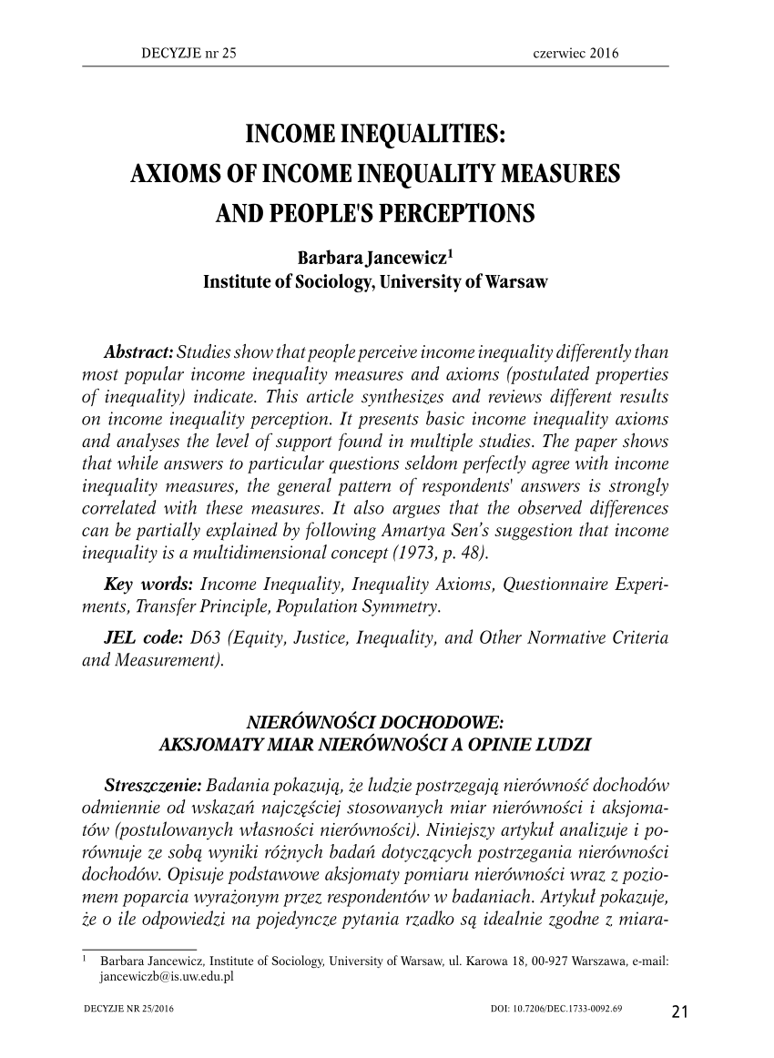 Pdf Income Inequalities Axioms Of Income Inequality Measures And People S Perceptions