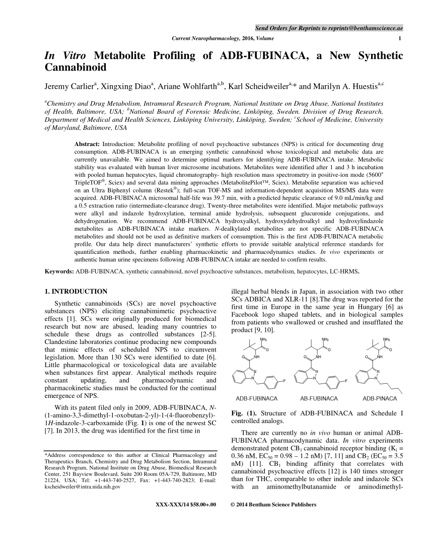 Pdf In Vitro Metabolite Profiling Of Adb Fubinaca A New Synthetic Cannabinoid