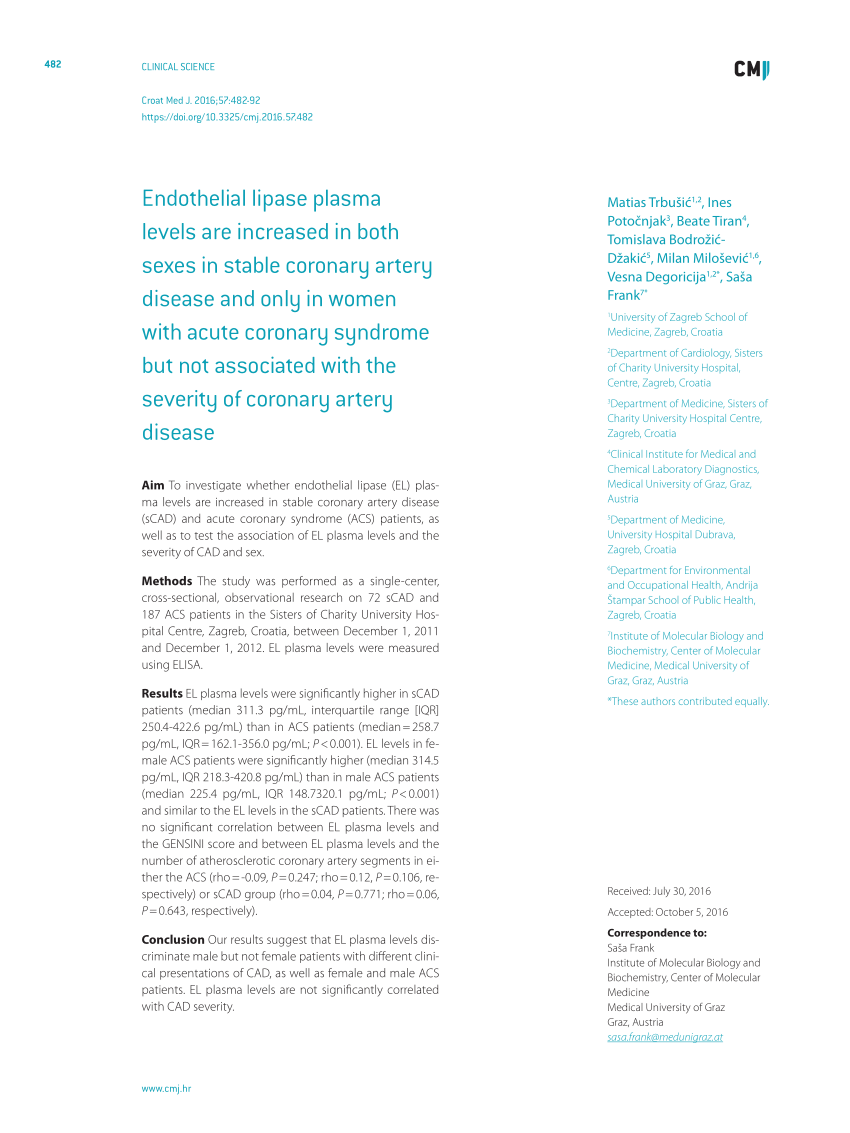 PDF) Endothelial lipase plasma levels are increased in both sexes in stable  coronary artery disease and only in women with acute coronary syndrome but  not associated with the severity of coronary artery