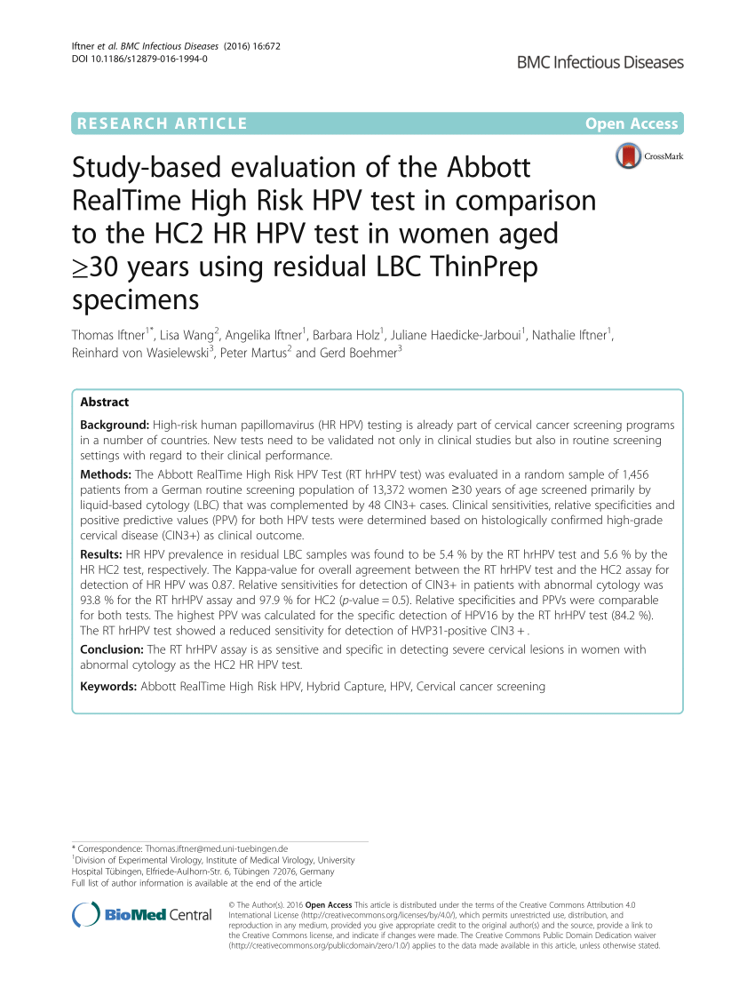 Pdf Study Based Evaluation Of The Abbott Realtime High Risk Hpv Test