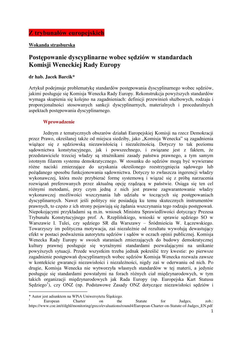 Pdf Postępowanie Dyscyplinarne Wobec Sędziów W Standardach Komisji Weneckiej Rady Europy 9241