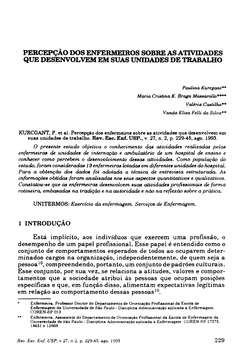 Pdf PercepÇÃo Dos Enfermeiros Sobre As Atividades Que Desenvolvem Em Suas Unidades De Trabalho 0916