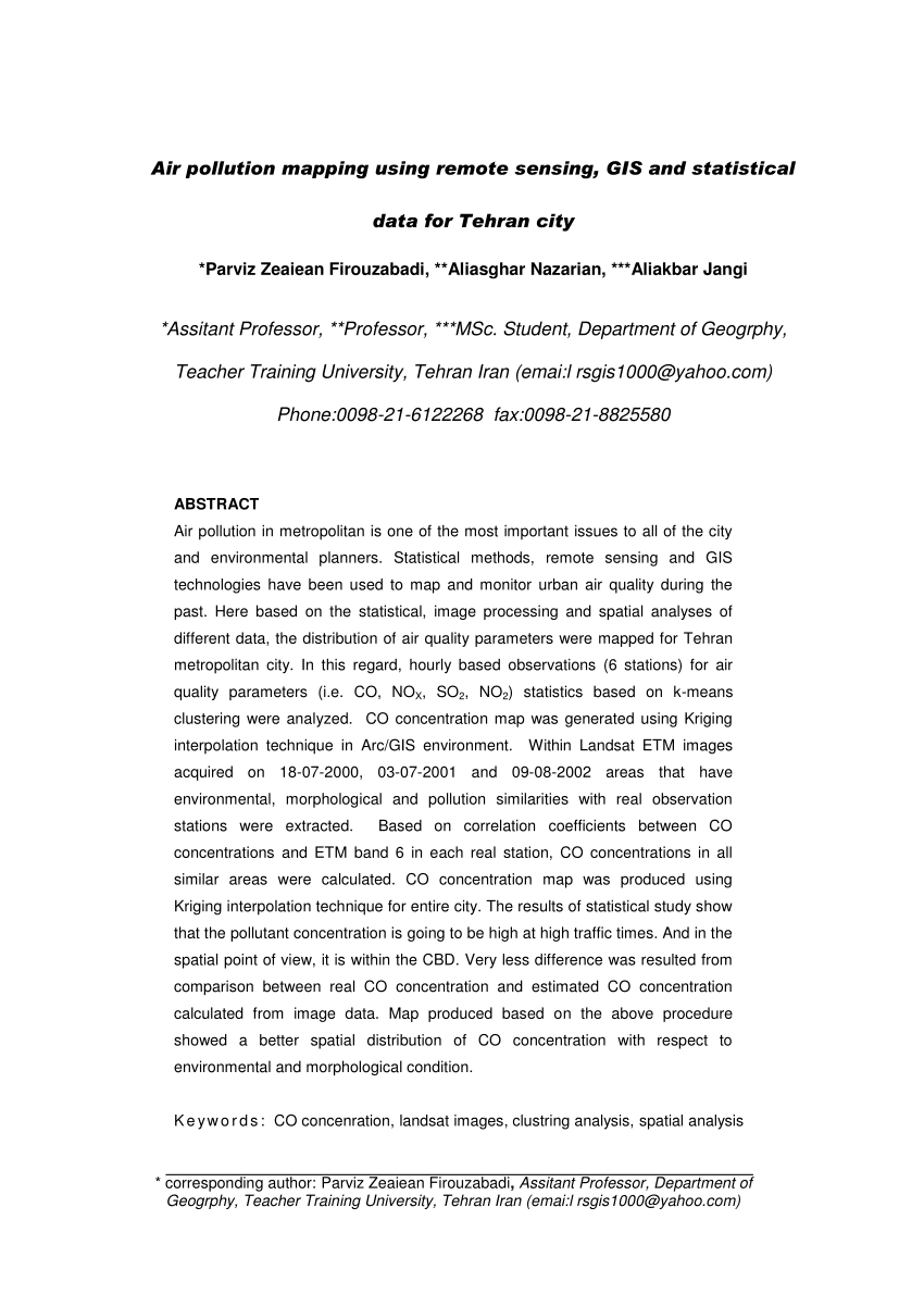 Pdf Air Pollution Mapping Using Remote Sensing Gis And Statistical Data For Tehran City