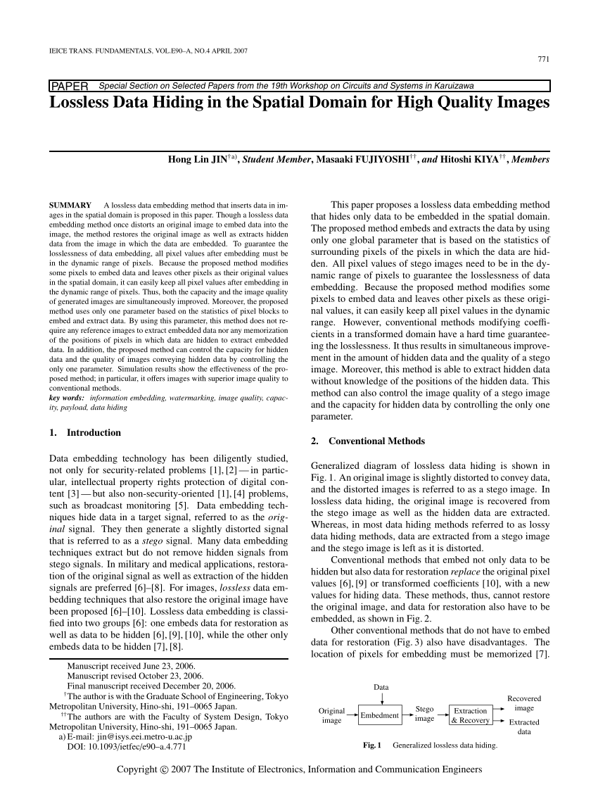 (PDF) Lossless Data Hiding in the Spatial Domain for High Quality Images