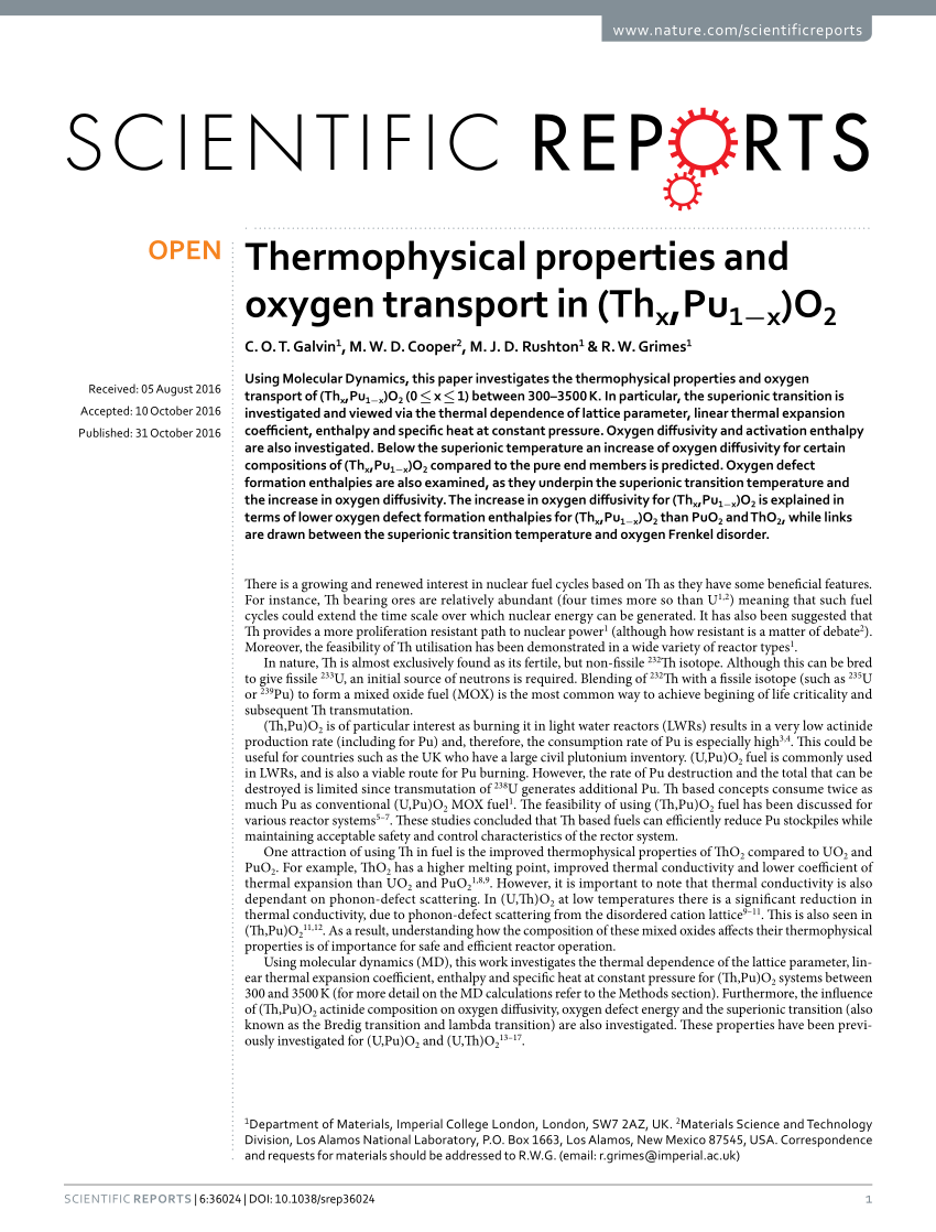 Pdf Thermophysical Properties And Oxygen Transport In Thx Pu1 X O2