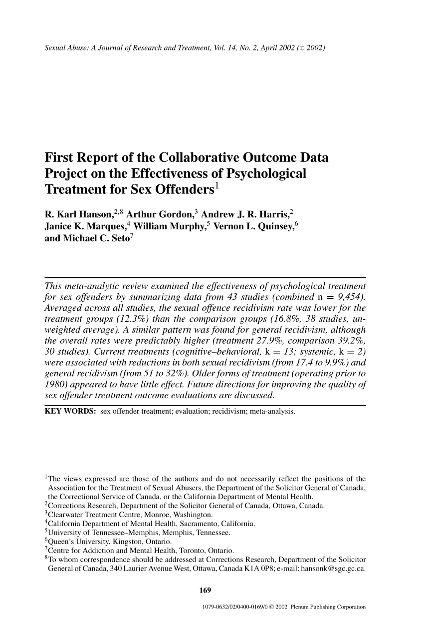 PDF) First Report of the Collaborative Outcome Data Project on the Effectiveness of Psychological Treatment for Sex Offenders image