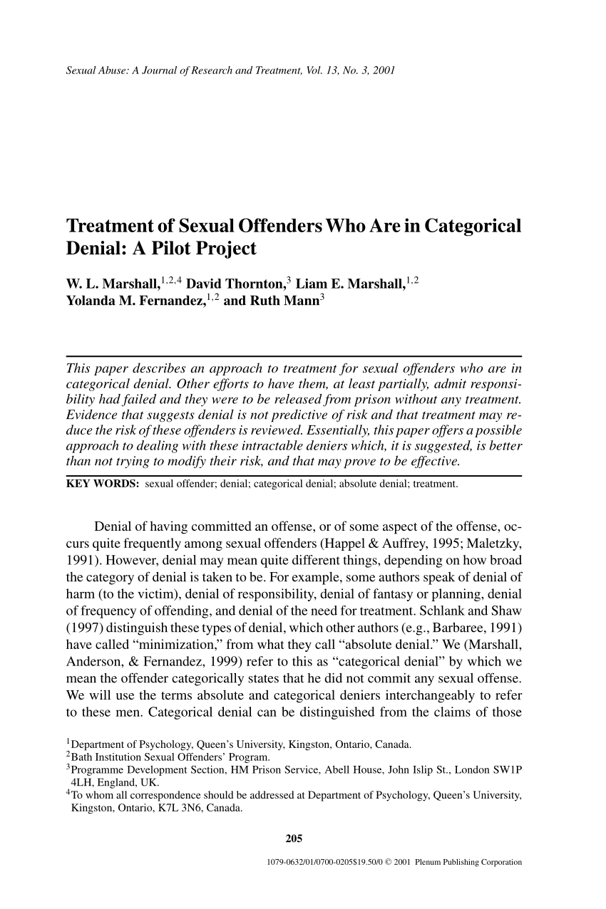 Pdf Treatment Of Sexual Offenders Who Are In Categorical Denial A Pilot Project 8140