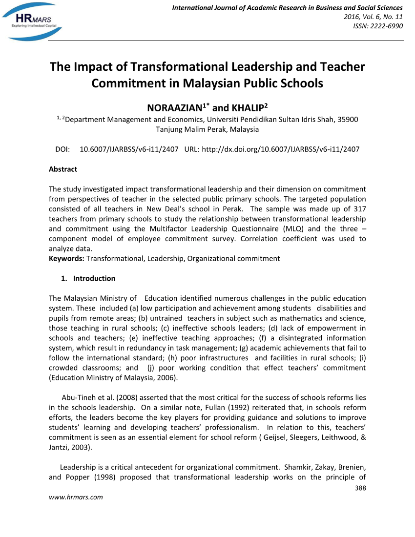 Pdf The Impact Of Transformational Leadership And Teacher Commitment In Malaysian Public Schools Dissertation Topic 