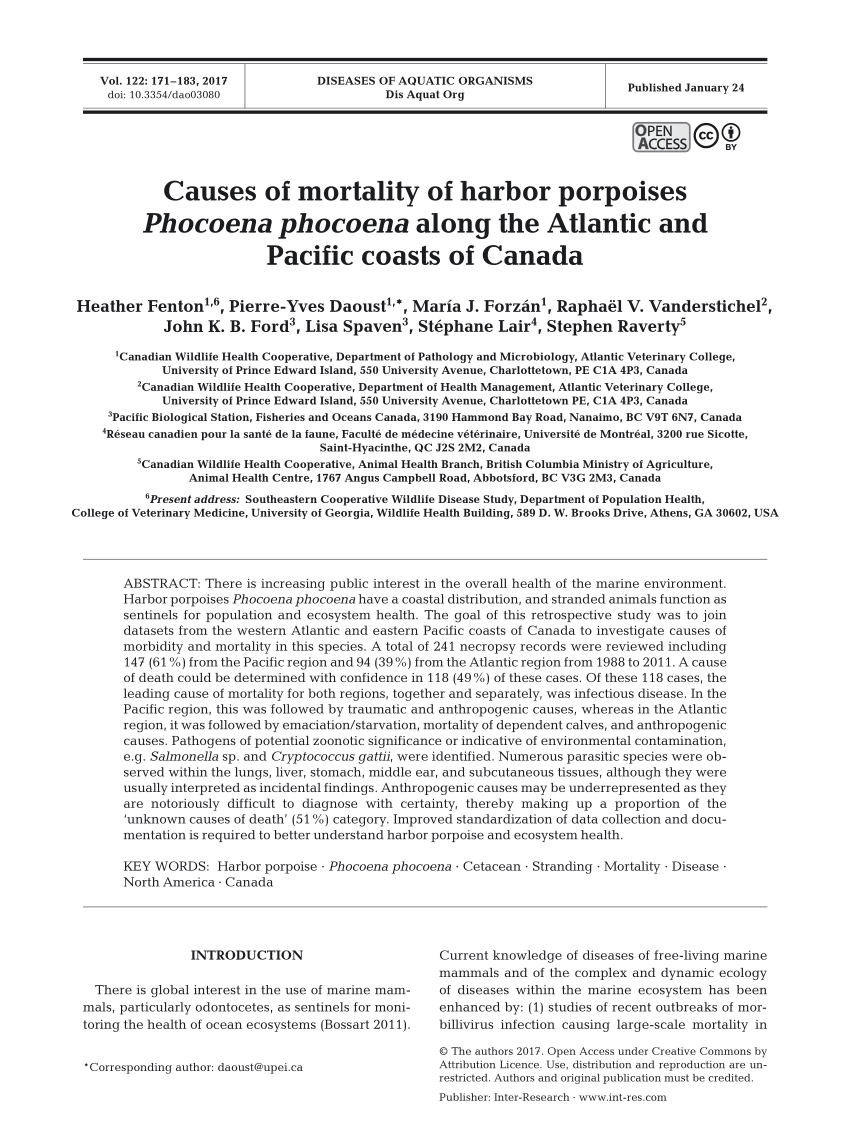 Pdf Causes Of Mortality Of Harbor Porpoises Phocoena Phocoena Along The Atlantic And Pacific