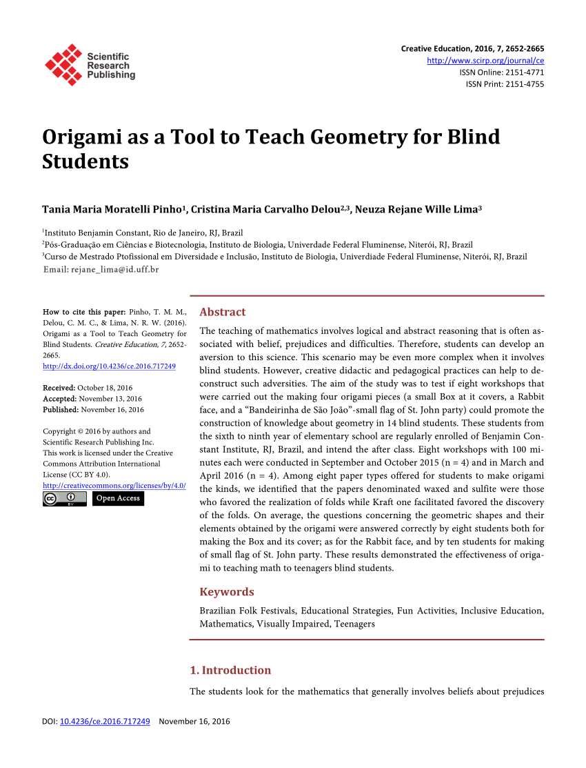 Pdf Origami As A Tool To Teach Geometry For Blind Students